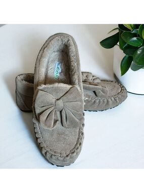 Flexus Bellina Slippers Tan Faux Suede with Plush Faux Fur Lining Size 10